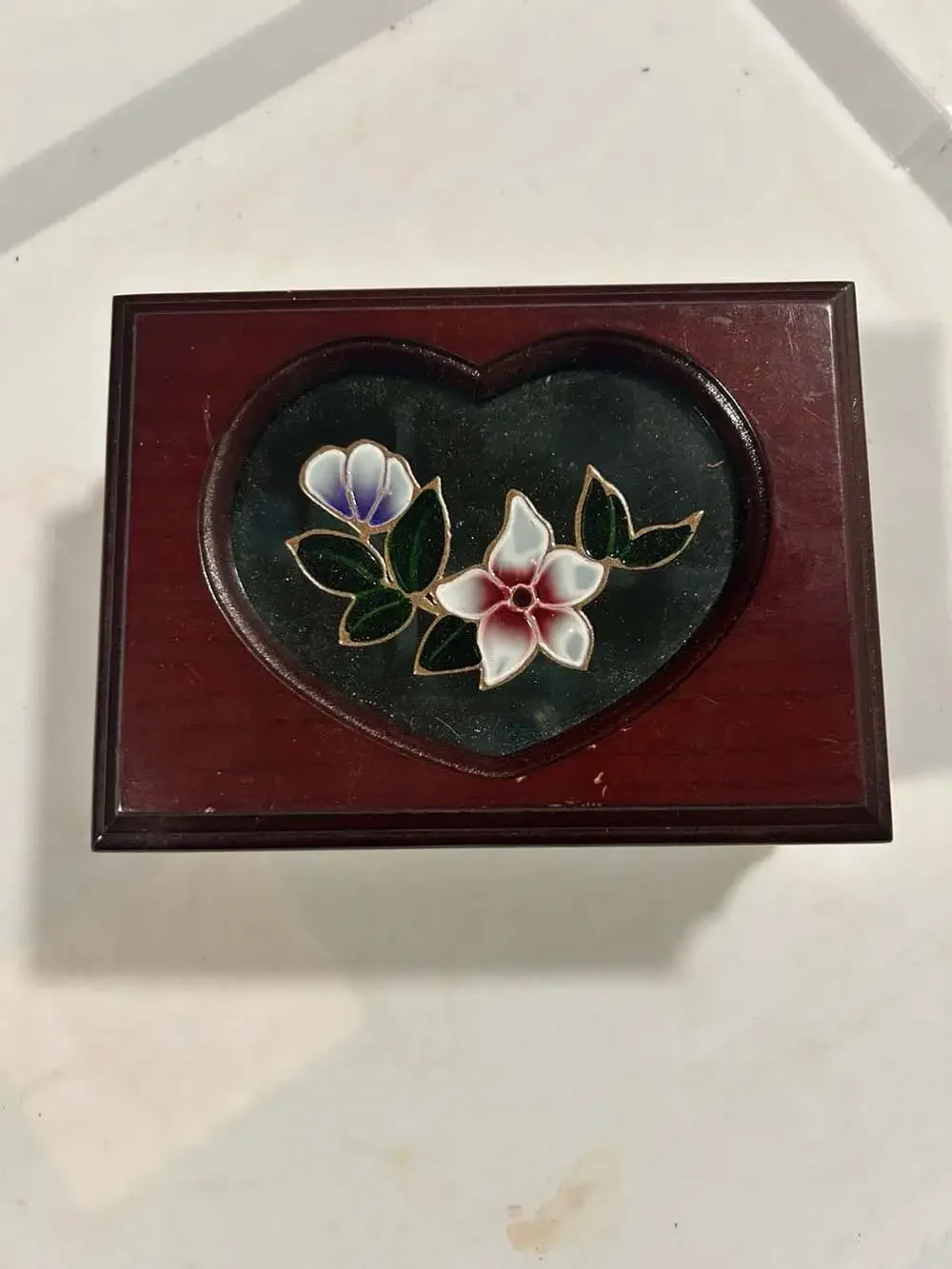 Vintage Wooden Jewelry Box with Stained Glass Heart and Floral Motif